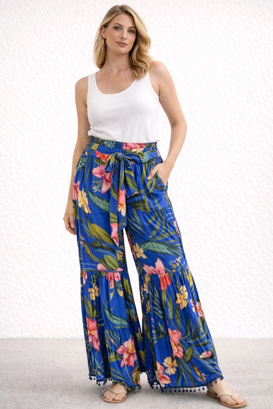 PQ Swim Blue Tropical Floral Wide Leg Pants Size M L Smocked Waist Resort